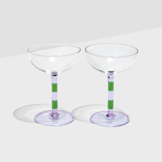 TWO x STRIPED COUPE GLASSES - LILAC + GREEN