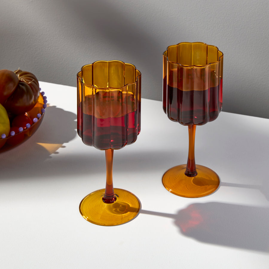 TWO x WAVE WINE GLASSES - AMBER