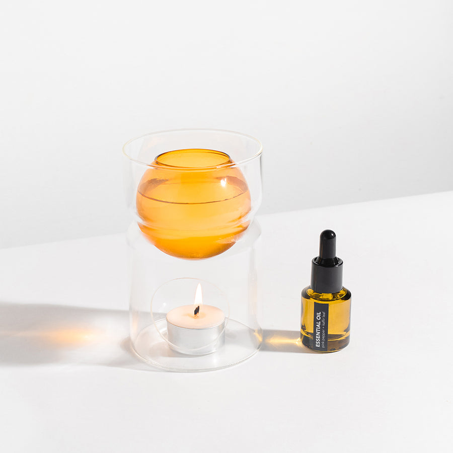 OIL BURNER & TEA LIGHT CANDLE - AMBER + CLEAR